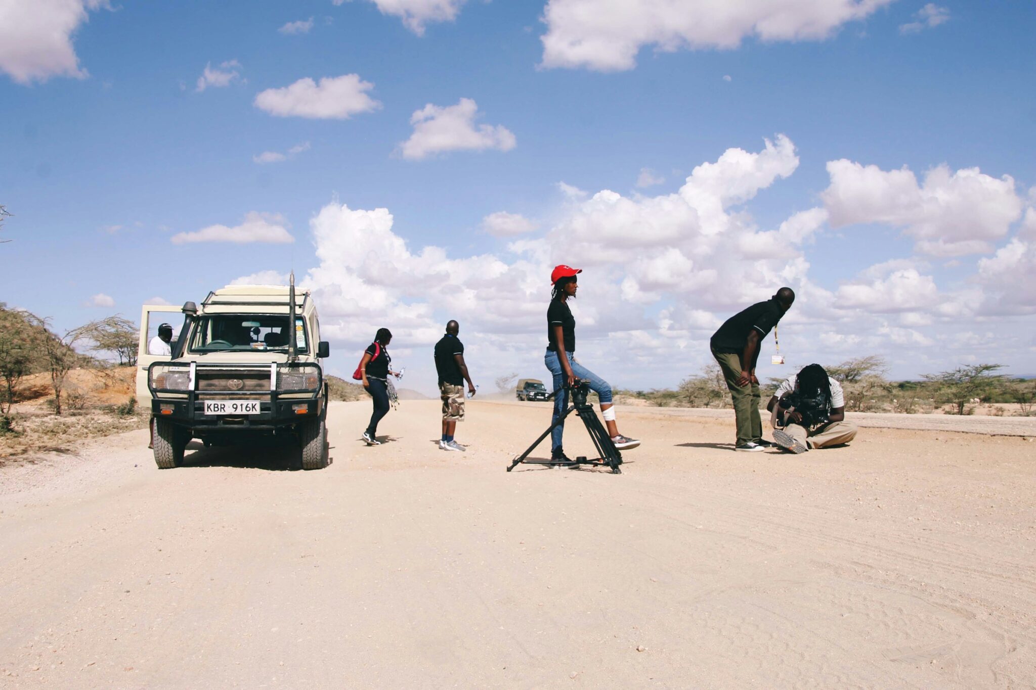 A film production team setting up on location in Turkana, northern Kenya